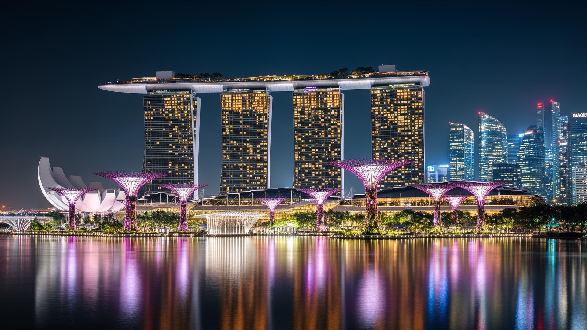 Singapore’s Marina Bay skyline at night, including Marina Bay Sands and the Supertrees.
