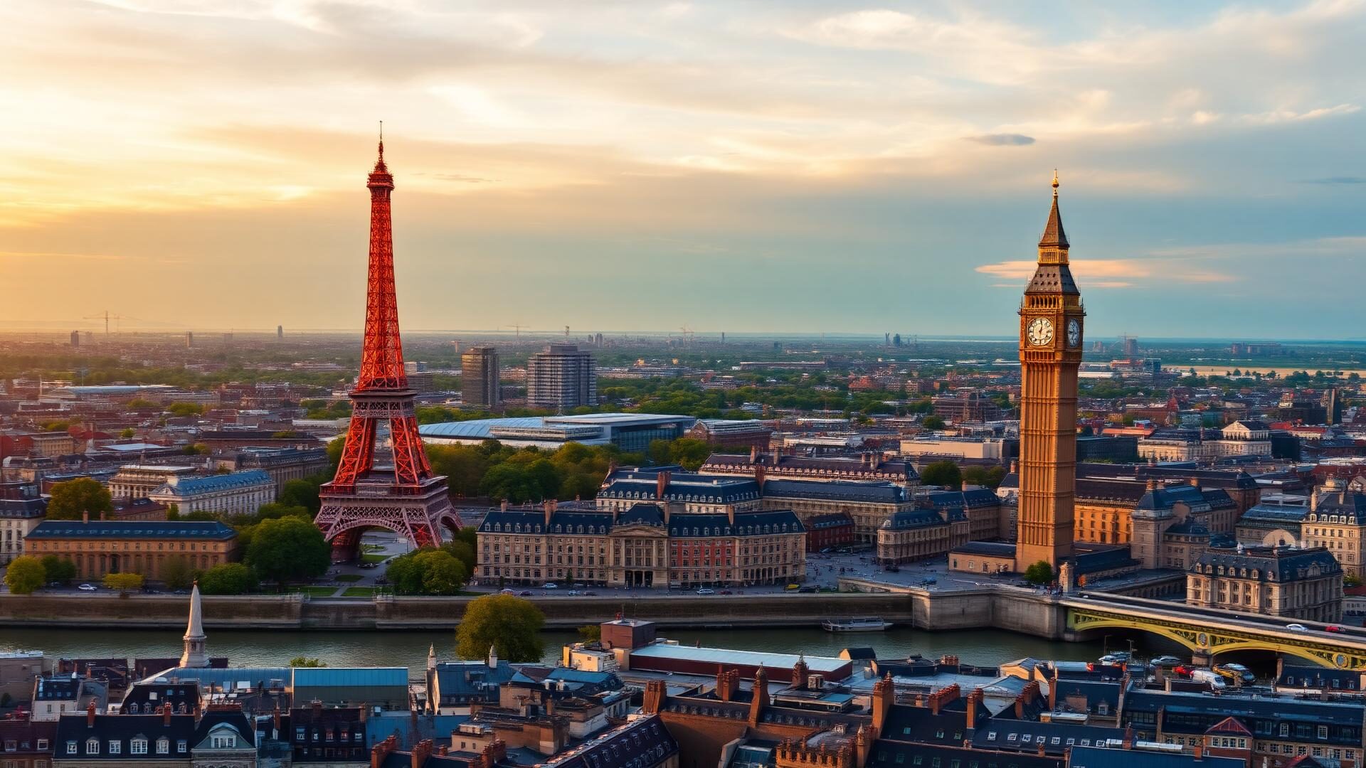 Illustrative panorama showing landmarks in Paris and London